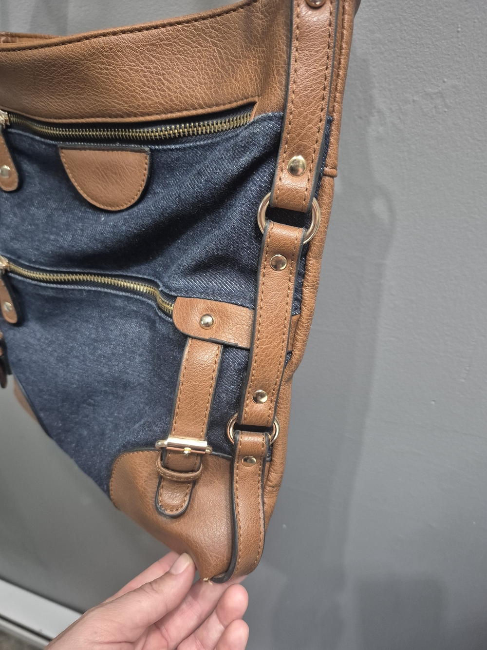 Women’s Crossbody/Shoulder Bag in Dark Blue Denim and Brown Faux Leather - Picture 8 of 12